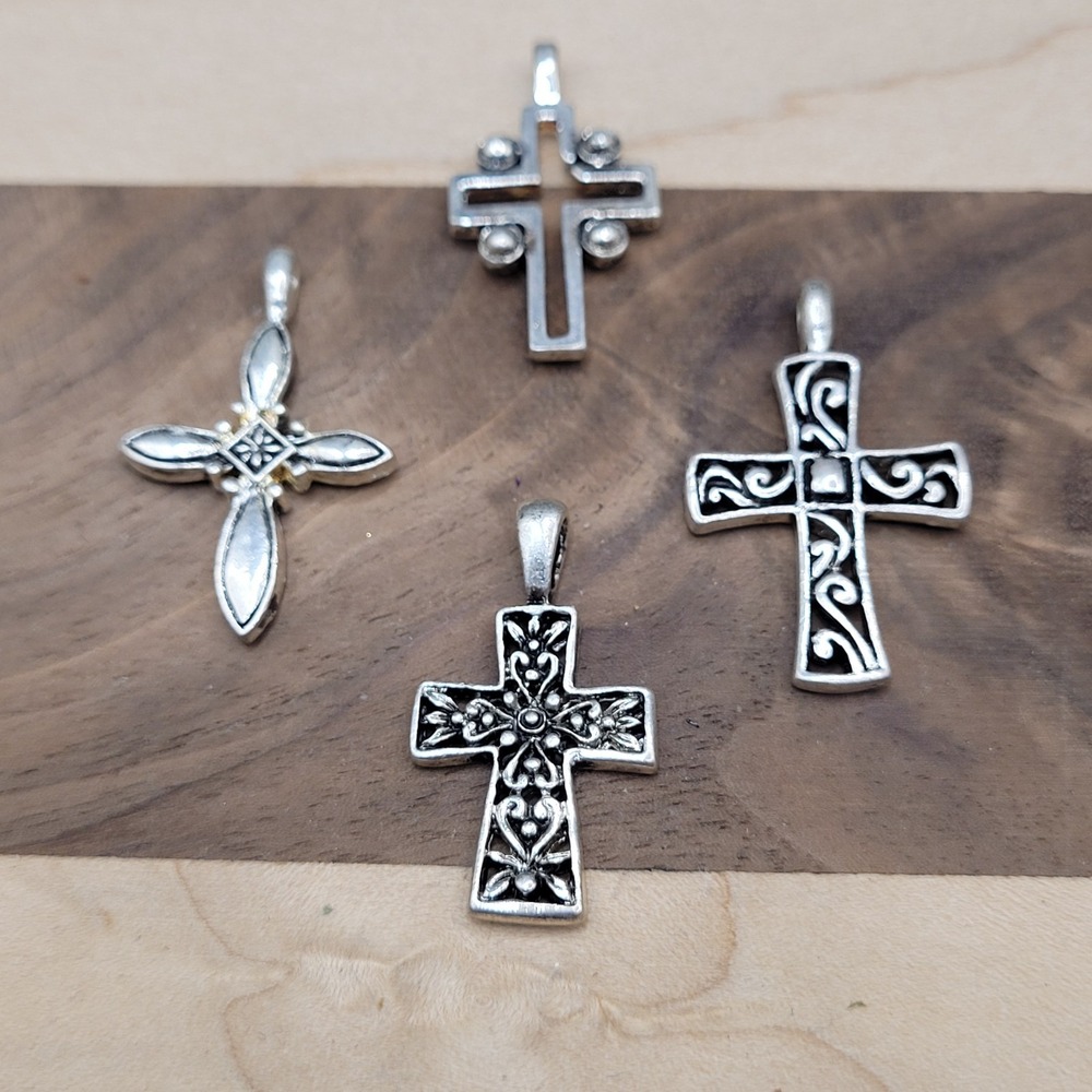 Cross Pendant Lot‎ of 4 Small Silver Tone Christian Faith Jesus Prayer